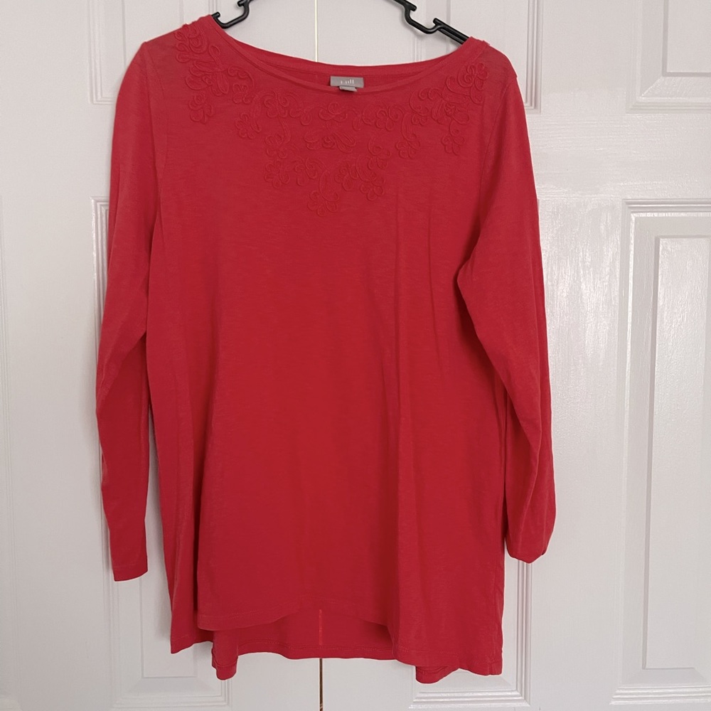 Woman’s long sleeve shirt with embroidered front orange for fall! Size medium